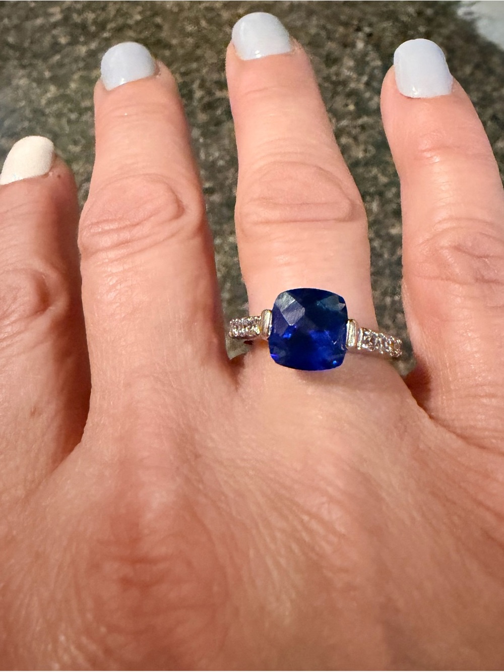 Sterling Silver Cushion-Cut Deep Blue Gemstone Ring with Pavé Shoulders